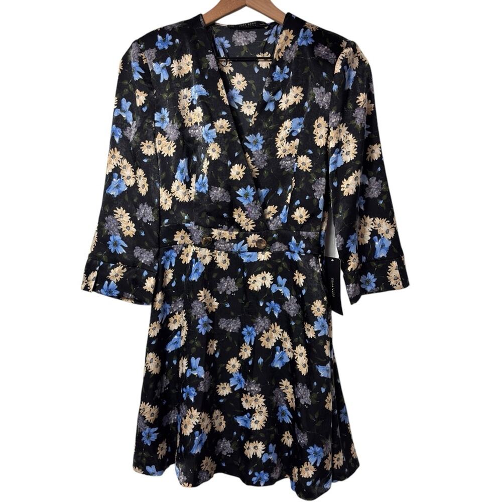 ZARA BLUE BLACK FLORAL PRINT MINI V-NECK WOMEN DRESS SIZE SMALL NEW WITH TAGS